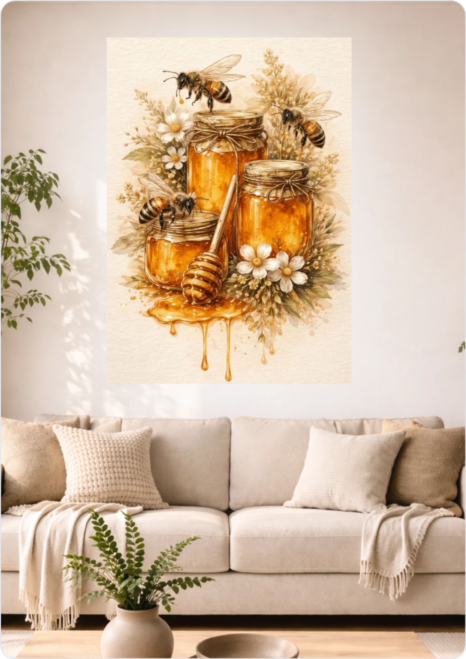 Affiche Abeilles et Pots de Miel A3 Sans Cadre – Poster Champêtre Style Aquarelle